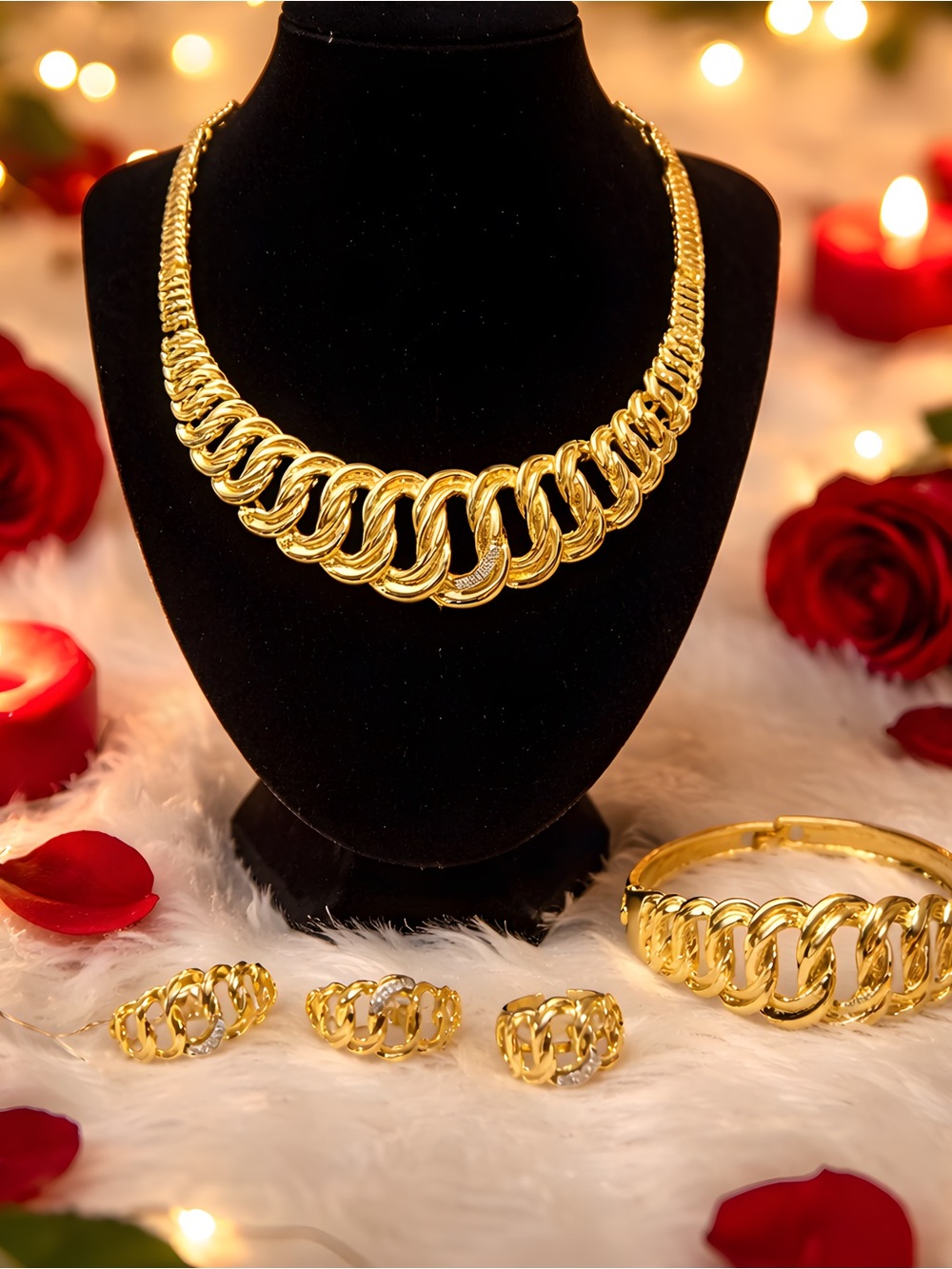 Gold-Linked Statement Necklace with Matching Rings and Bracelet - Women Jewelry